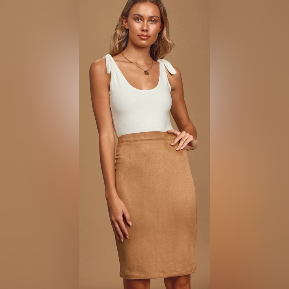 Lulus “Superpower” Tan Suede Pencil Skirt